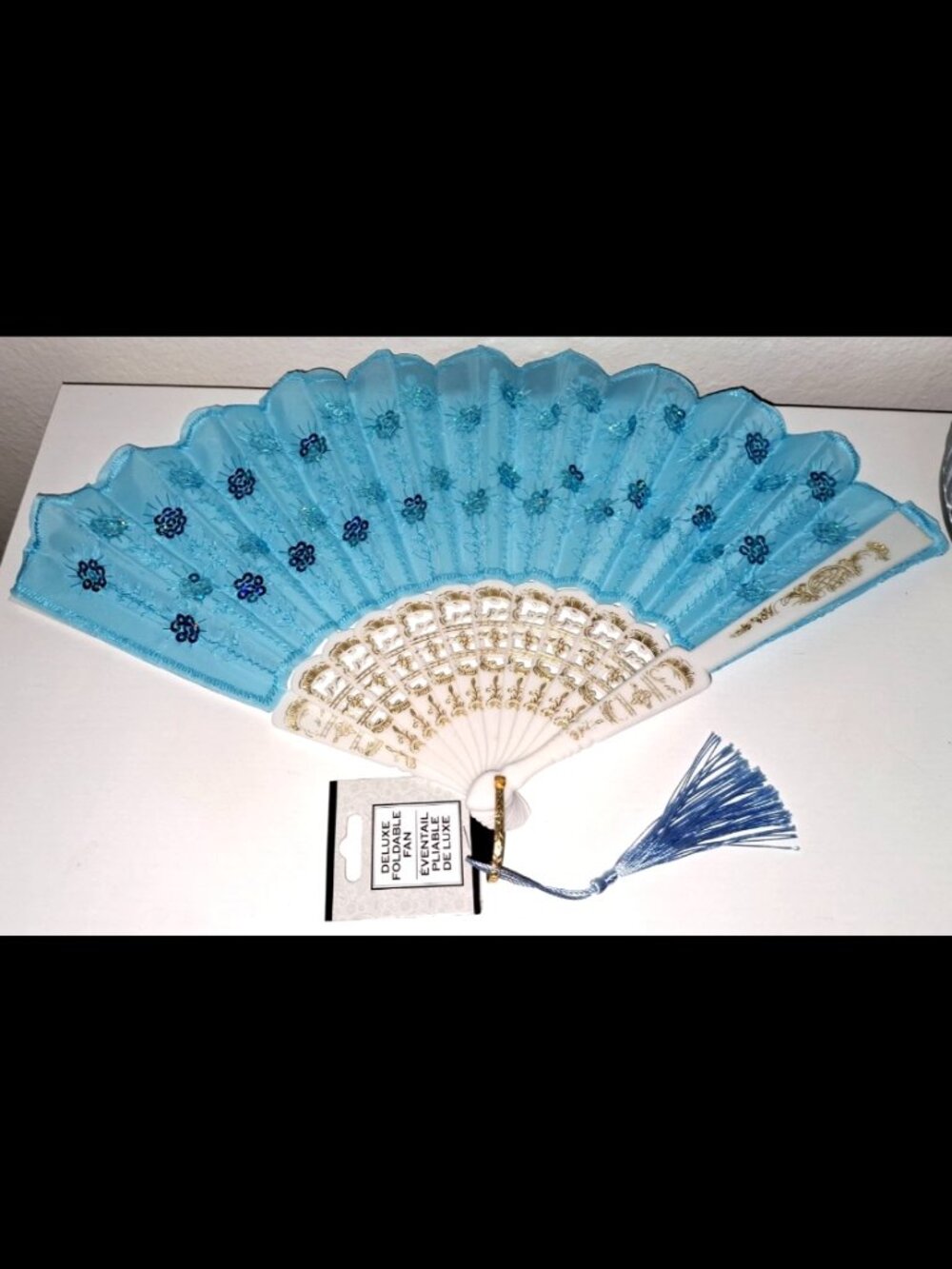 Blue Folding Hand Fan Floral Sequin Tassel New With Tag Decorative & Functional